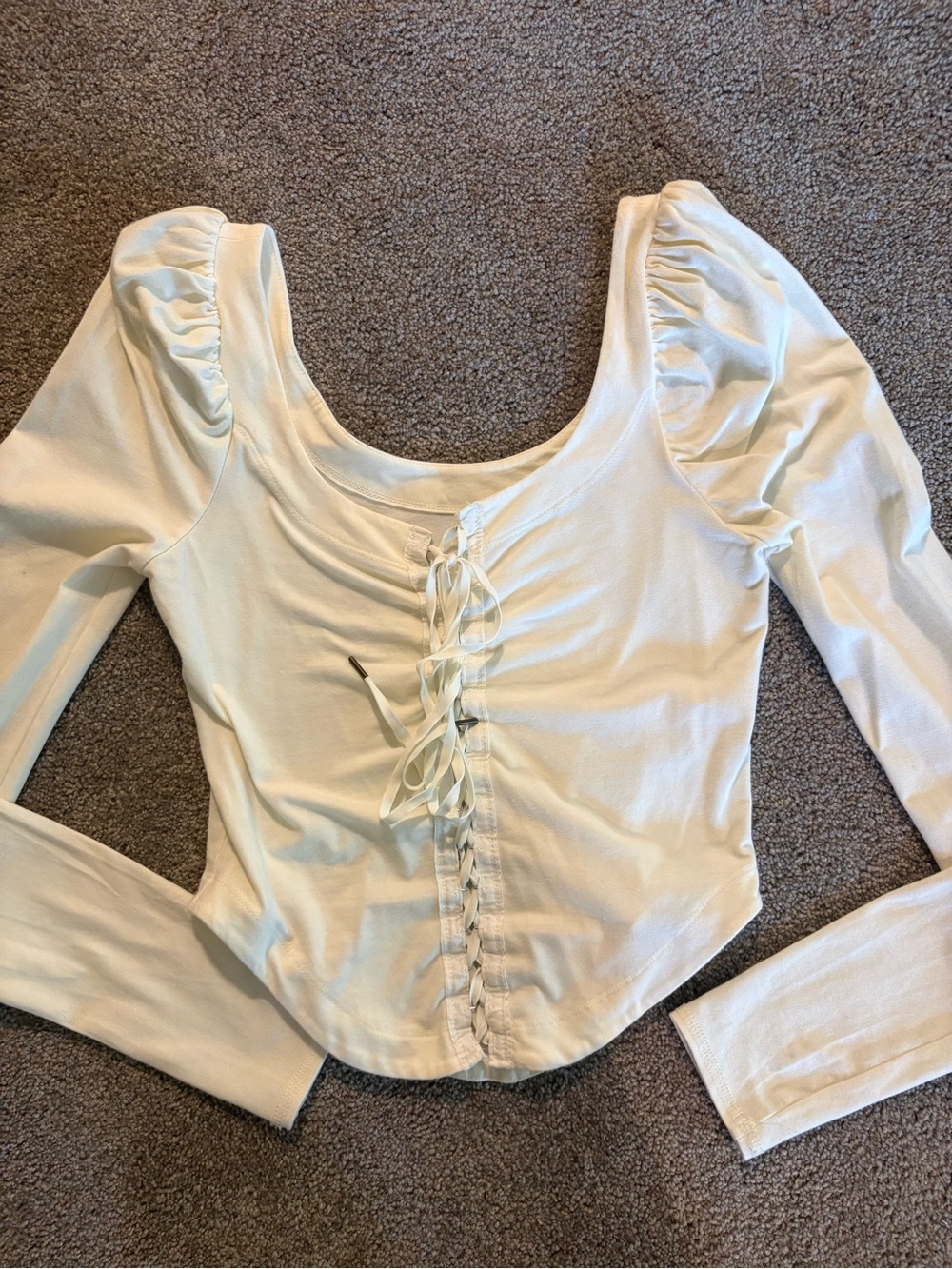 Women’s Cream Lace-Up Scoop Neck Long Sleeve Top